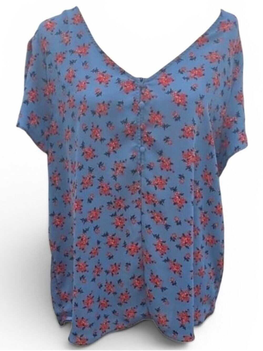 1x Premise Red and Blue Relaxed Short Sleeve Blouse V Neck
